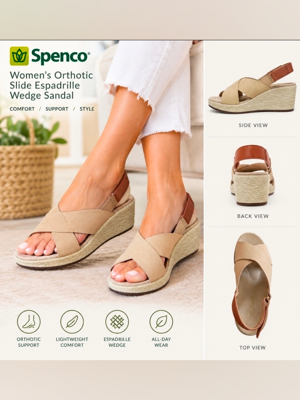 Spenco Oasis Orthotic Women's Espadrille Wedge Sandal in Beige Size 9
